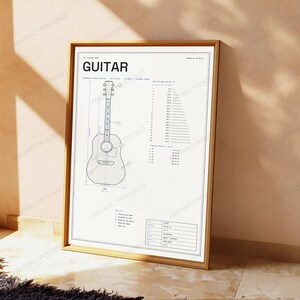 Dreadnought Acoustic Guitar Technical Blueprint | Vintage Music Engineering Art | Wall Decor image 4