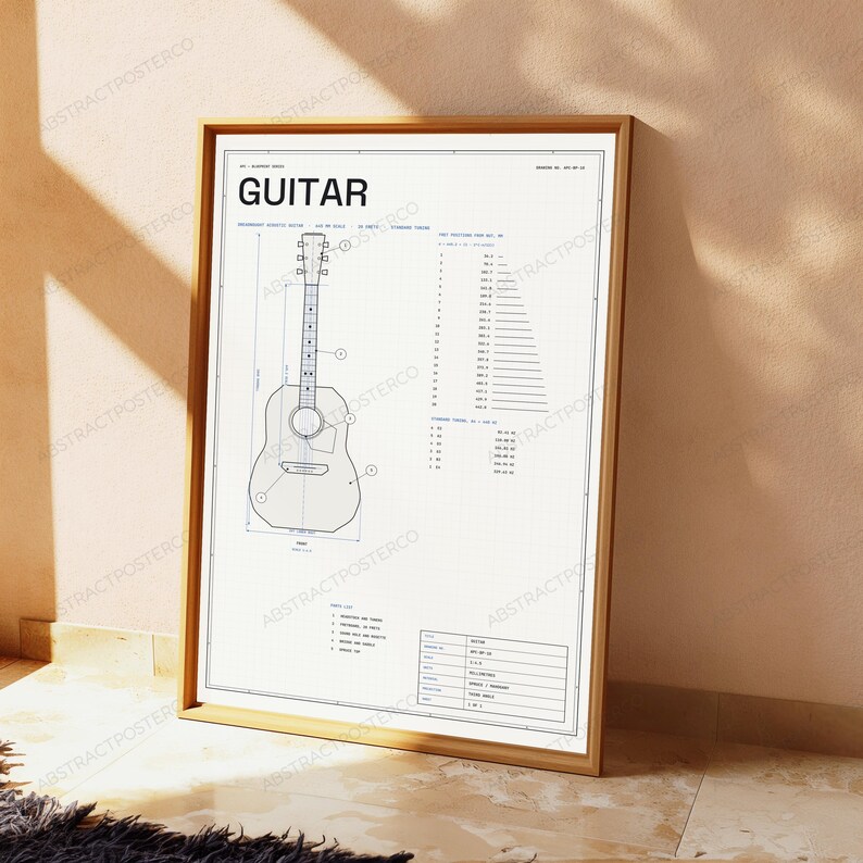 Dreadnought Acoustic Guitar Technical Blueprint | Vintage Music Engineering Art | Wall Decor image 4