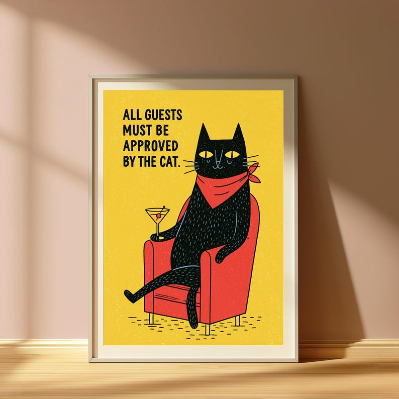 Cheeky Black Cat Martini Minimalist Print | Funny Cocktail Wall Art | Yellow Pop Art Decor | Digital Download A3 A2 A1 image 3