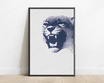 Blue Halftone Big Cat Print | Pixelated Roaring Lion Wall Art | Modern Minimalist Decor