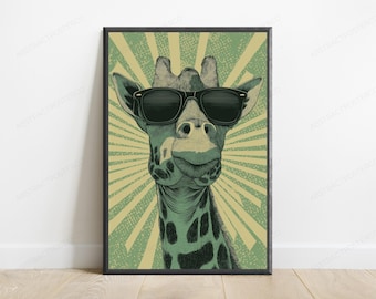 Cool Giraffe Sunglasses Print | Retro Pop Art | Minimalist Animal Wall Decor | Digital Download A3 A2 A1