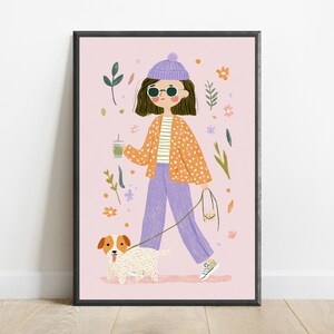 Impressão artística botânica de menina com cachorro | Retrato minimalista | Decoração de parede com estilo peculiar | Download digital A3 A2 A1 imagem 1
