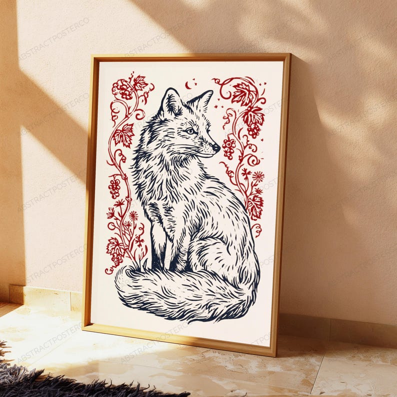 Może przedstawiać: Oprawiony wydruk artystyczny przedstawiający ciemnoniebieską ilustrację lisa siedzącego z profilu. Lis jest otoczony misternymi czerwonymi liniami przedstawiającymi wijące się winorośle, liście i kiście winogron na kremowym tle.