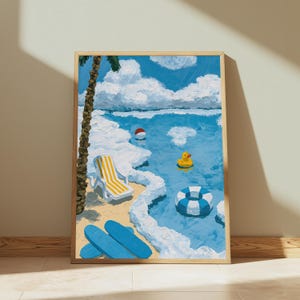 May include: An oil painting on canvas depicting a beach scene with a palm tree, a yellow and white striped lounge chair, two blue surfboards on the sand, a red and white beach ball, a yellow rubber duck, and a blue and white striped swim ring.