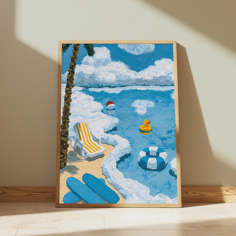 May include: An oil painting on canvas depicting a beach scene with a palm tree, a yellow and white striped lounge chair, two blue surfboards on the sand, a red and white beach ball, a yellow rubber duck, and a blue and white striped swim ring.