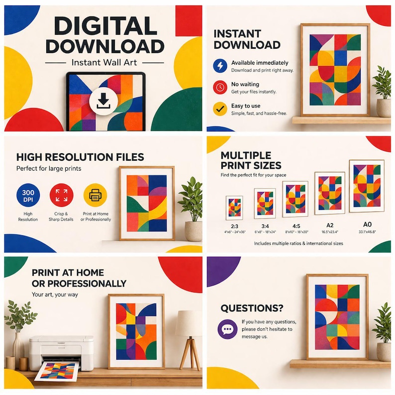 May include: A digital download wall art set featuring a geometric pattern of colorful circles and squares in red, yellow, blue, and green. The image displays information about instant downloads, high resolution files, print sizes, and printing options.
