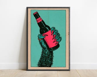 Lámina de arte pop con llama sosteniendo una cerveza / Divertido arte mural de animales / Decoración de bar original / Descarga digital A3 A2 A1