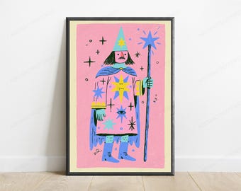 Magical Wizard with Star Staff Pop Art Print | Pink Blue Stars Fantasy Wall Art | Colourful Home Decor | Digital Download A3 A2 A1