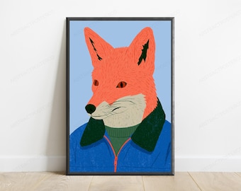 Anthropomorphic Fox Portrait Art Print | Quirky Animal Character Wall Art | Illustrated Fox in Jacket