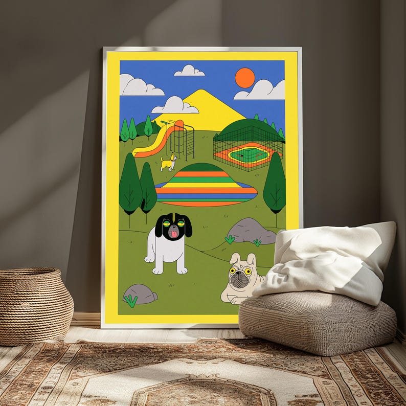 May include: A framed art print featuring a colorful park scene with a yellow border. The illustration depicts two dogs in the foreground, a playground with a slide, a fenced area, a striped hill, green trees, clouds, and an orange sun in a blue sky.