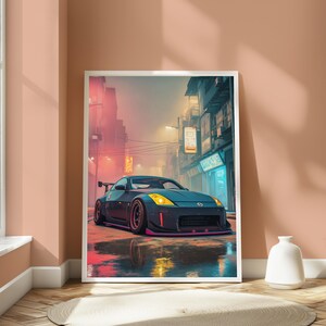 May include: A dark blue sports car with yellow headlights and a rear spoiler parked on a wet city street at night. The scene features glowing neon signs, tall buildings, and a hazy atmosphere with pink and blue light reflections on the ground.