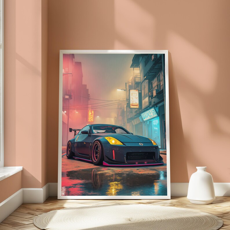 May include: A dark blue sports car with yellow headlights and a rear spoiler parked on a wet city street at night. The scene features glowing neon signs, tall buildings, and a hazy atmosphere with pink and blue light reflections on the ground.