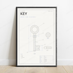 Technical Key Blueprint Print | Vintage Engineering Diagram | Minimalist Industrial Wall Art image 1