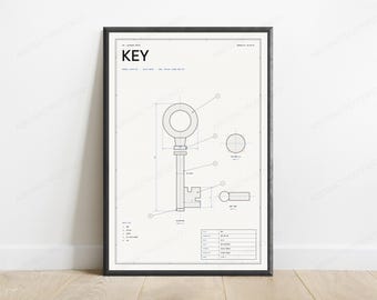 Technical Key Blueprint Print | Vintage Engineering Diagram | Minimalist Industrial Wall Art