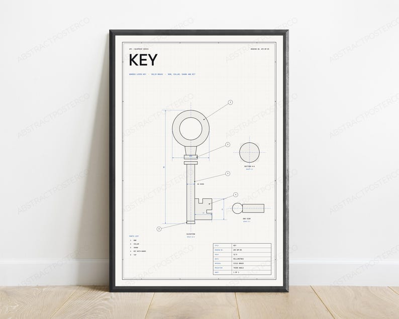 Technical Key Blueprint Print | Vintage Engineering Diagram | Minimalist Industrial Wall Art image 1