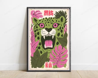 Green Leopard Pink Leaves Pop Art Print | Bold Animal Wall Art | Vibrant Modern Home Decor | Digital Download A3 A2 A1
