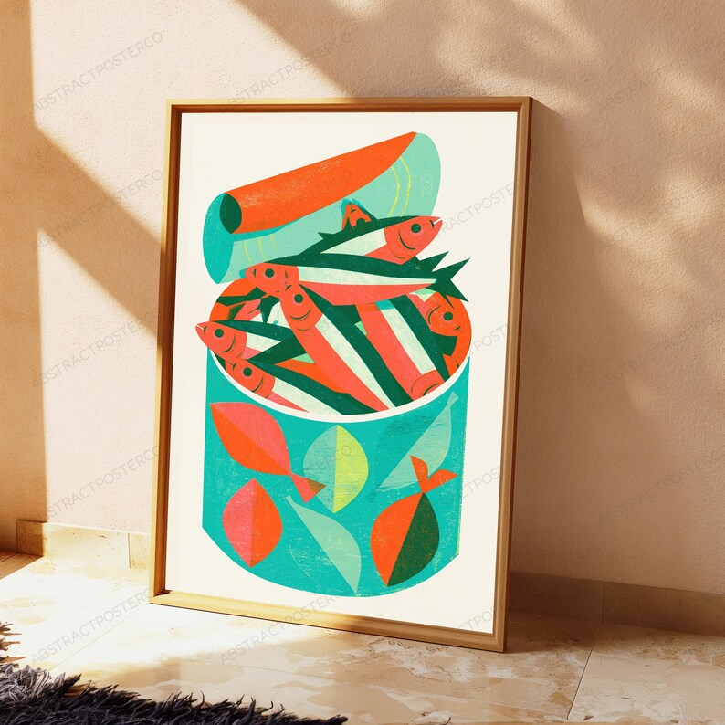 Retro popkonsttryck med fiskburk | Färgglad fiskematkonst | Väggdekoration i köket | Digital nedladdning A3 A2 A1 bild 4