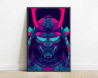 Neon Samurai Helmet Cyberpunk Art Print | Futuristic Japanese Warrior Wall Art | Anime Mecha Poster | Digital Download