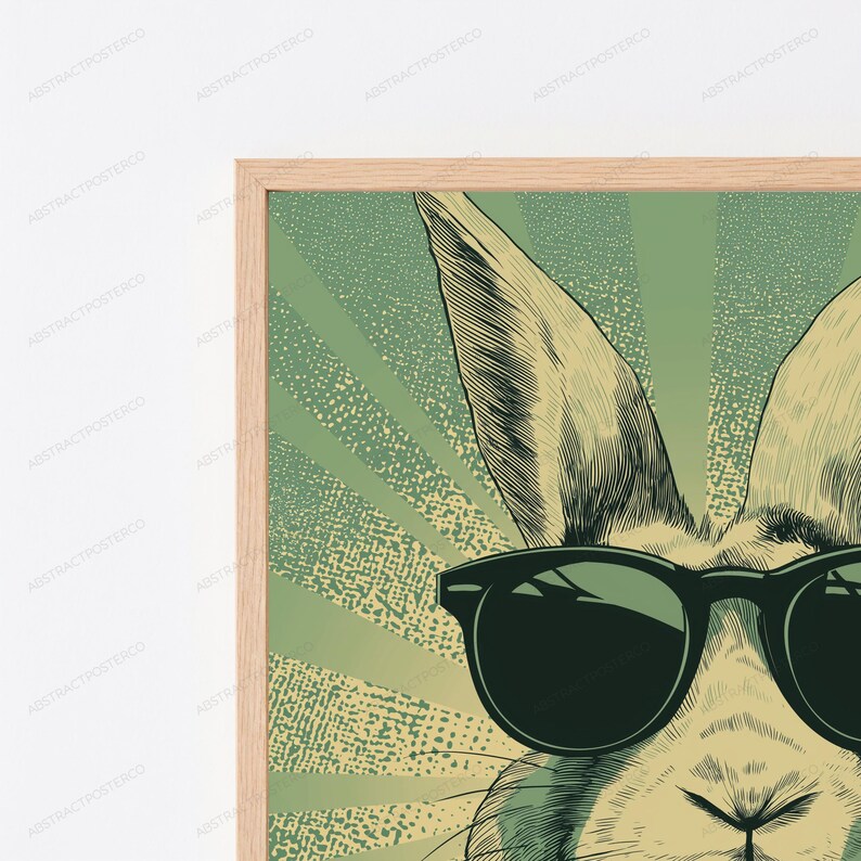 May include: A framed wall art print featuring a close-up illustration of a rabbit wearing black sunglasses. The background consists of a green sunburst pattern with a textured, vintage-inspired aesthetic. The frame is made of light-colored wood.