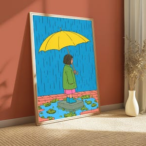 Mädchen mit gelbem Regenschirm-Regen-Druck | Minimalistisches Wetter Wandkunst | Gemütliches Wohndekor | Digitaler Download A3-A2-A1 Bild 4