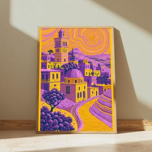Village méditerranéen animé au sommet d'une colline | Art mural ciel tourbillonnant | Décoration d'intérieur maximaliste | Téléchargement numérique A3 A2 A1 image 10