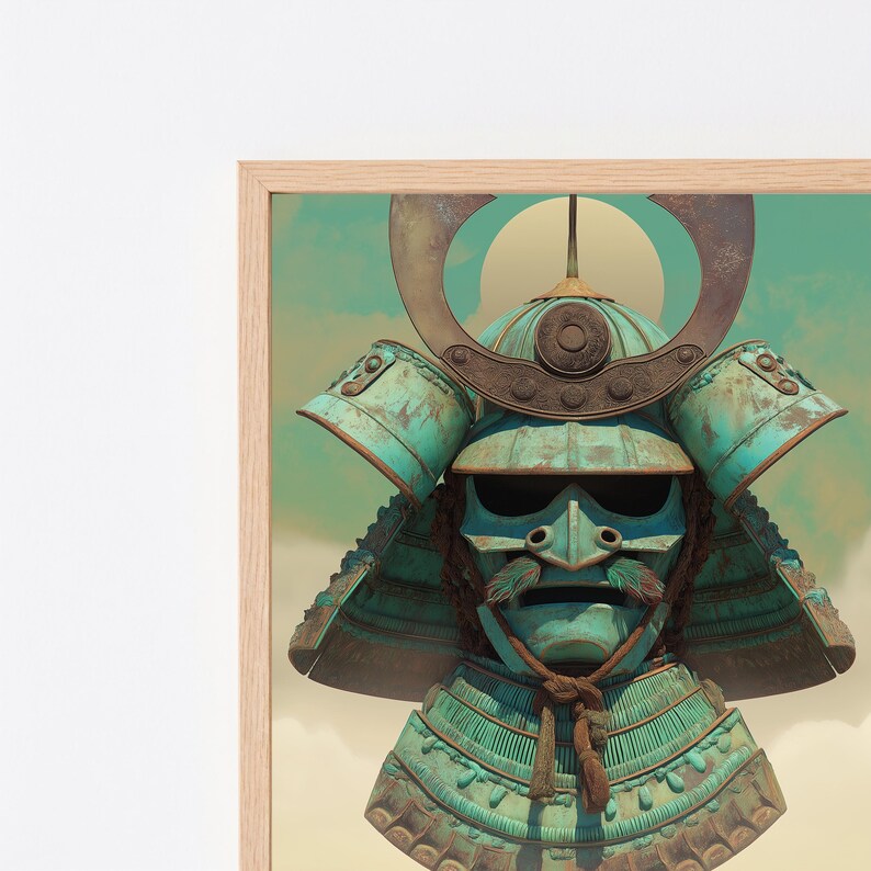 Samurai Kabuto Teal Helmet | Bronze Patina Warrior Art | Minimalist Wall Decor | Digital Download A3 A2 A1 image 8