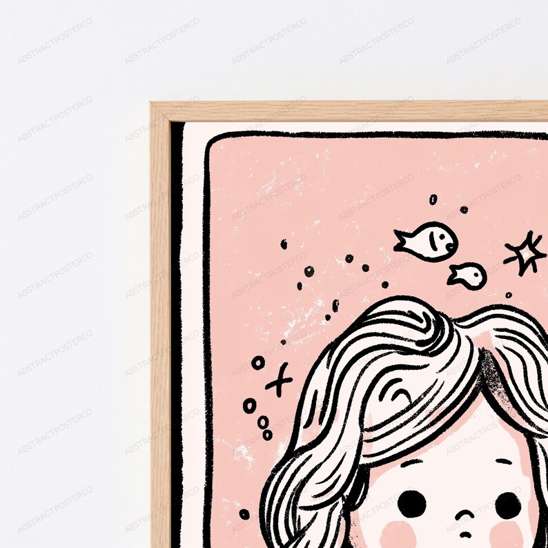 May include: A framed wall art print featuring a stylized illustration of a person with wavy hair against a soft pink background. The artwork includes black line drawings of small fish, stars, and circular dots, all enclosed within a light wood frame.