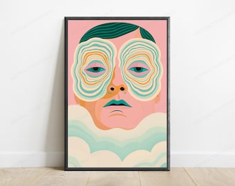 Retro Layered Face Portrait | Groovy Pastel Pop Art | Minimalist Wall Art Print | Digital Download A3 A2 A1