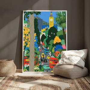 Lámina con escena callejera de Londres y el Parque Big Ben / Arte mural floral de ciudad vibrante / Ilustración de paisaje urbano / Descarga digital A3 A2 A1 imagen 5