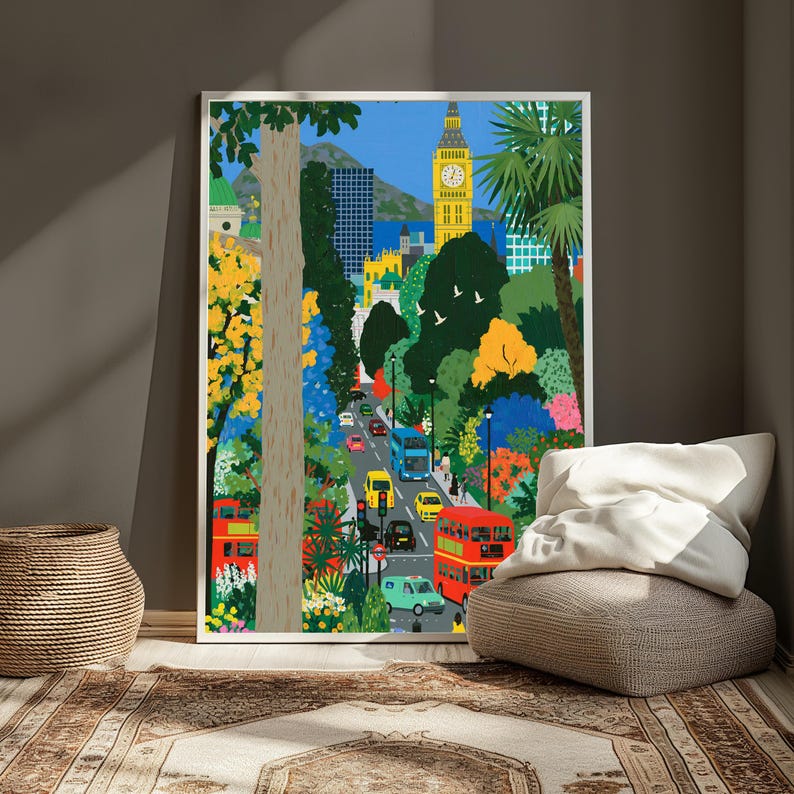 Lámina con escena callejera de Londres y el Parque Big Ben / Arte mural floral de ciudad vibrante / Ilustración de paisaje urbano / Descarga digital A3 A2 A1 imagen 5