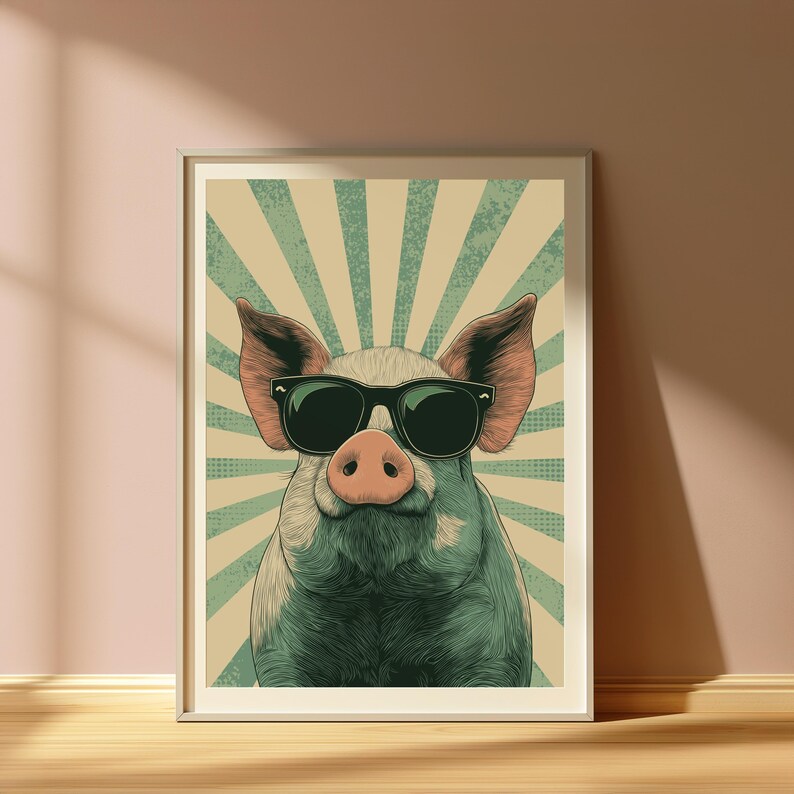 Cool Pig Sunglasses Print | Retro Pop Art | Fun Animal Wall Decor | Minimalist Home Art | Digital Download A3 A2 A1 image 5