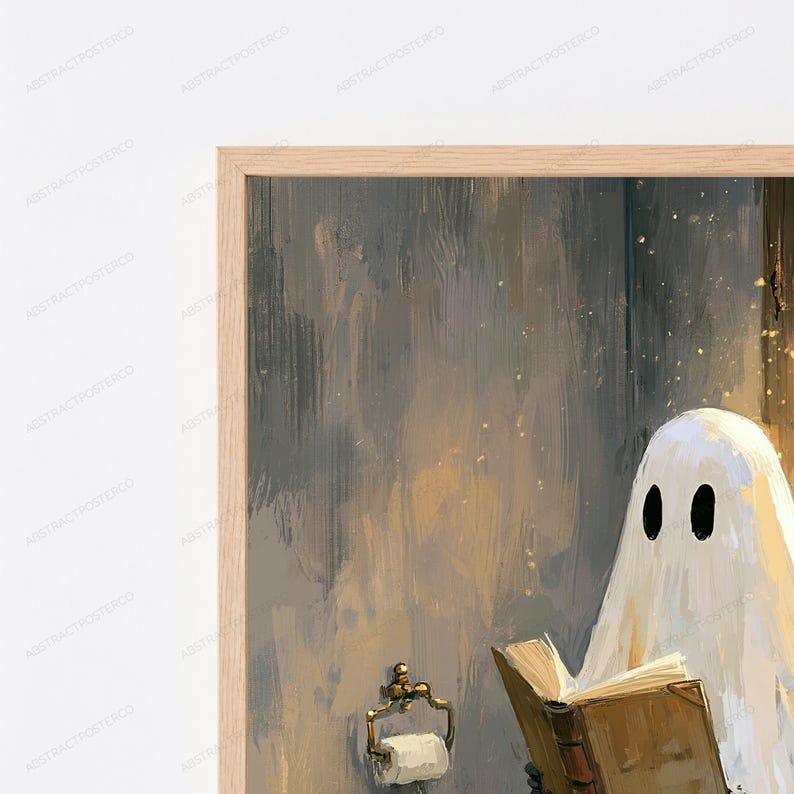 May include: A framed wall art print featuring a white ghost figure reading an open book. The background is a textured dark gray and brown surface with golden light particles. A metal toilet paper holder is visible on the wall below the ghost.