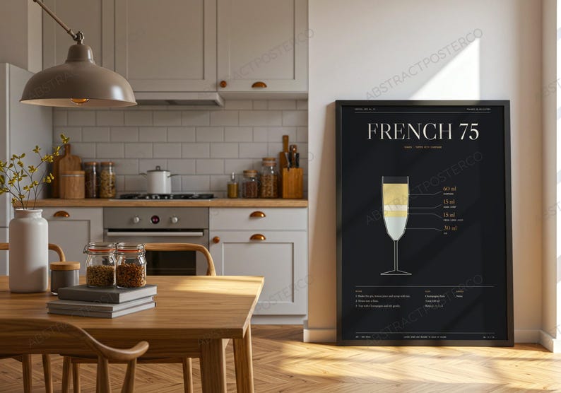 French 75 Cocktail Recipe Print shown in a kitchen