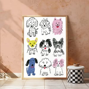May include: A framed wall art print featuring a grid of nine hand-drawn dog illustrations in a crayon-like style. The dogs are depicted in various colors including black, white, pink, yellow, and blue, showcasing different breeds and expressions.