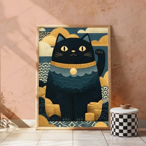 May include: A framed wall art print featuring a stylized black cat with yellow eyes and a gold collar, sitting amidst stacks of gold coins. The background displays blue waves and gold clouds in a graphic, flat design with a textured appearance.