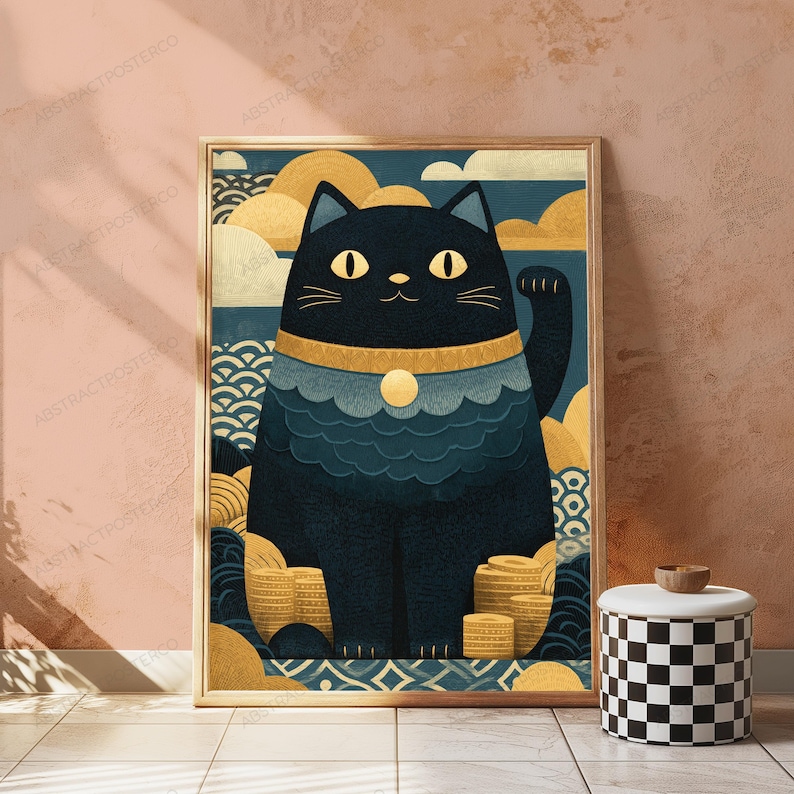 May include: A framed wall art print featuring a stylized black cat with yellow eyes and a gold collar, sitting amidst stacks of gold coins. The background displays blue waves and gold clouds in a graphic, flat design with a textured appearance.