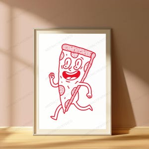 May include: A framed wall art print featuring a red line drawing of a cartoon pizza slice with a face, arms, and legs in a running pose. The pizza slice has a dotted texture on the crust and pepperoni toppings, set against a white background.