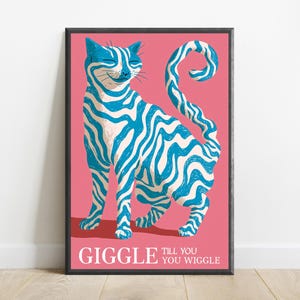 Striped Tabby Cat Pop Art Print | Blue Wave Pattern Wall Art | Minimalist Pet Decor | Digital Download A3 A2 A1 image 1
