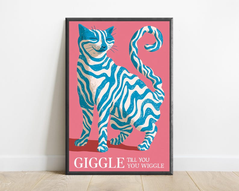 Striped Tabby Cat Pop Art Print | Blue Wave Pattern Wall Art | Minimalist Pet Decor | Digital Download A3 A2 A1 image 1