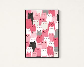 Cute Cat Crowd Minimalist Art Print | Adorable Feline Wall Art | Kawaii Home Decor | Digital Download A3 A2 A1