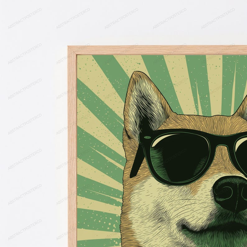 May include: A framed wall art print featuring a stylized illustration of a dog wearing black sunglasses. The background consists of a green and light yellow sunburst pattern with a distressed texture. The frame is made of light-colored wood.