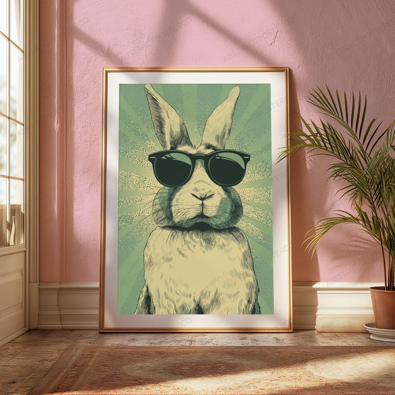 May include: A framed wall art print featuring a stylized illustration of a rabbit wearing black sunglasses. The rabbit is centered against a light green background with a radiating sunburst pattern. The artwork is enclosed in a thin gold frame.