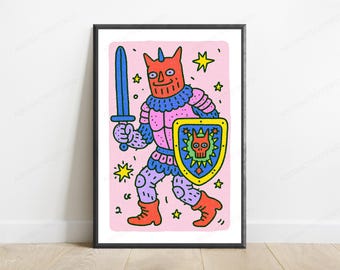 Colorful Demon Warrior Pop Art Print | Quirky Sword Fighter Wall Art | Vibrant Character Illustration | Digital Download A3 A2 A1