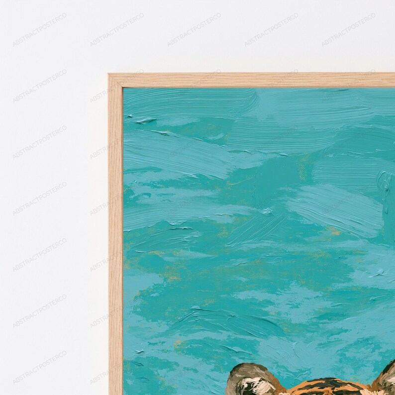 May include: A framed wall art piece featuring a textured oil painting of a tiger's head at the bottom edge. The background is a vibrant teal colour with visible brushstrokes. The frame is made of light-coloured wood with a natural grain finish.