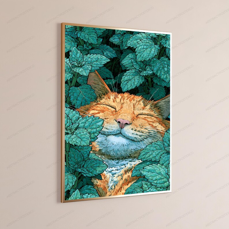 May include: A framed vertical wall art print featuring an orange tabby cat with closed eyes, resting peacefully amidst a dense cluster of vibrant teal and green mint leaves. The cat has a soft expression, with its face nestled in the foliage.