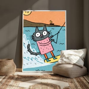 Happy Surfing Cat Pop Art Print | Cute Kitten Beach Wall Art | Minimalist Summer Decor | Digital Download A3 A2 A1 image 5