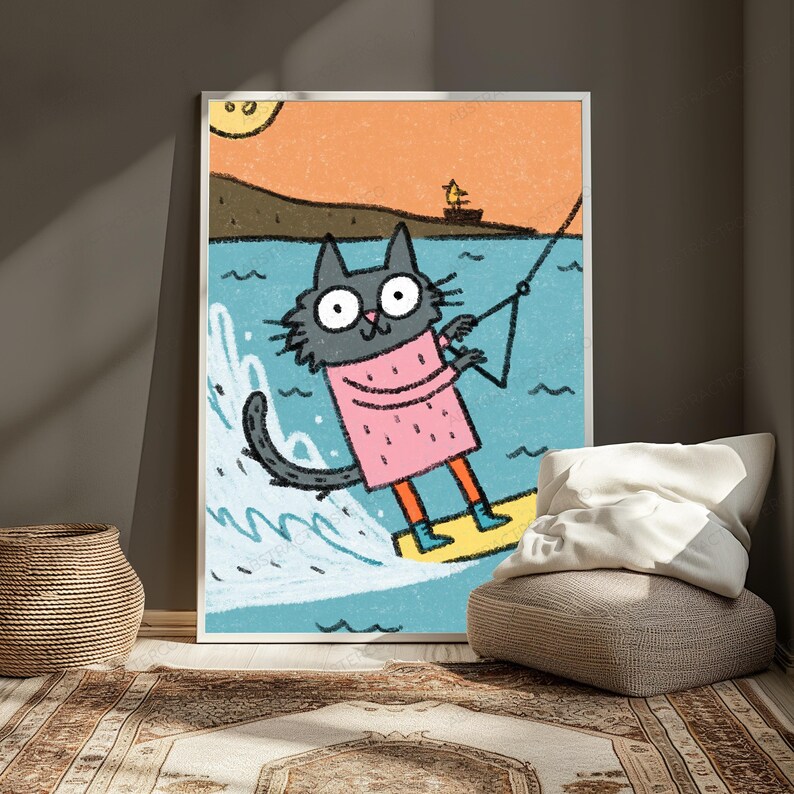 Happy Surfing Cat Pop Art Print | Cute Kitten Beach Wall Art | Minimalist Summer Decor | Digital Download A3 A2 A1 image 5