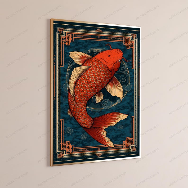 May include: A framed vertical wall art print featuring a vibrant orange koi fish swimming against a dark blue textured background. The artwork is enclosed within a decorative border with geometric gold lines and a thin gold frame.