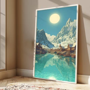 Puede incluir: Una impresi&oacute;n art&iacute;stica enmarcada que representa una serena escena de un pueblo de monta&ntilde;a. La obra presenta monta&ntilde;as cubiertas de nieve, un sol brillante y un lago turquesa que refleja el pueblo y el cielo. Se ven casas y barcos de madera.