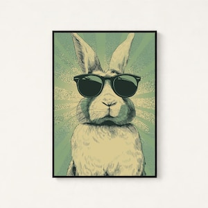 May include: A framed wall art print featuring a stylized illustration of a rabbit wearing black sunglasses. The rabbit is centered against a background of radiating light green and cream-colored sunburst lines, rendered in a graphic art style.